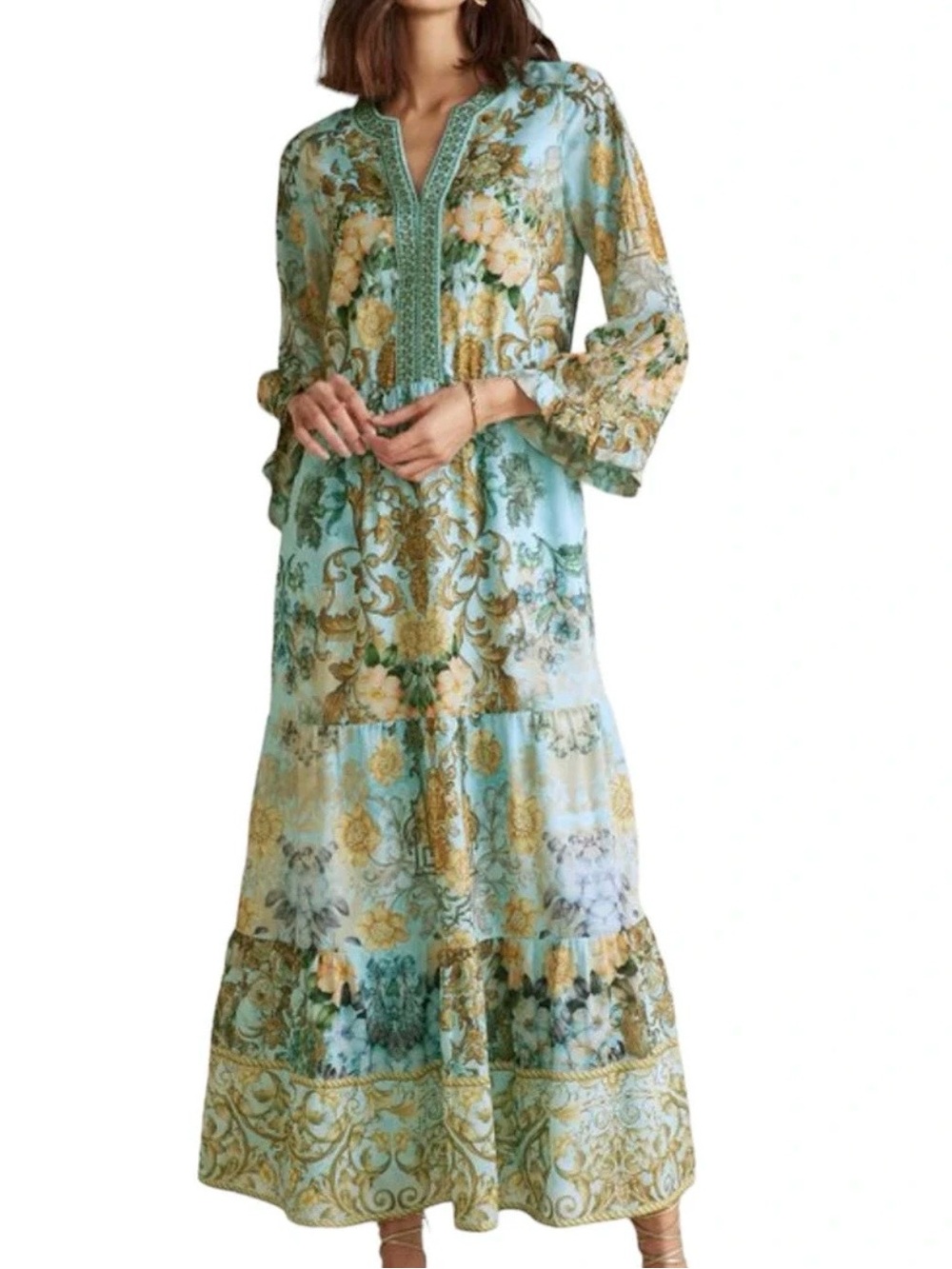 Soft Surroundings Baroque Floral Beaded Maxi Dress Blue & Brown PM